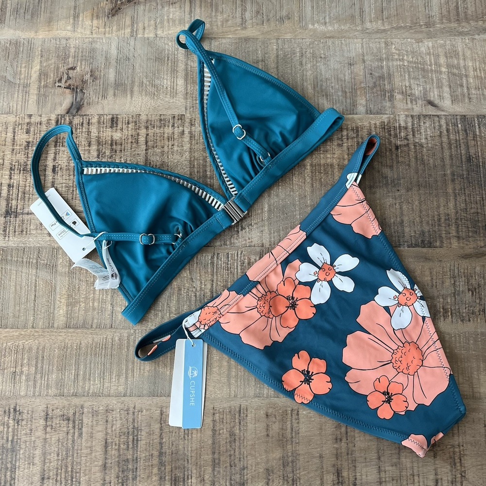CUPSHE Bikini Set Size S‎ Top M Bottom Teal Coral Floral Cutout Clasp Beach NWT - Picture 3 of 12